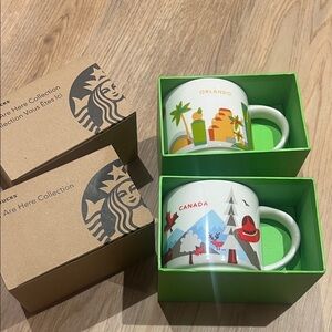 Starbucks White Mugs with Green Gift Boxes and Multicolor Accents